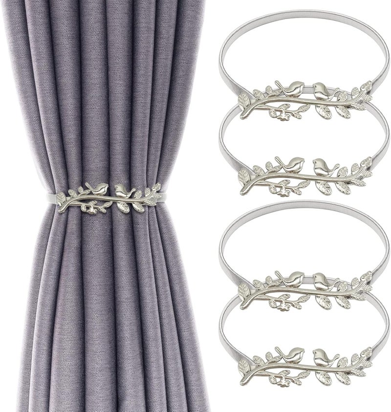 LLPMutu 4Pack Curtain Tiebacks Aluminum Alloy Spring Design Curtain Holdback Leaf Carving Design Curtain Ties for Drapes Curtain Ties Backs Curtain Modern Style Curtain Holdback Decor (Silver Bird) - Image 1